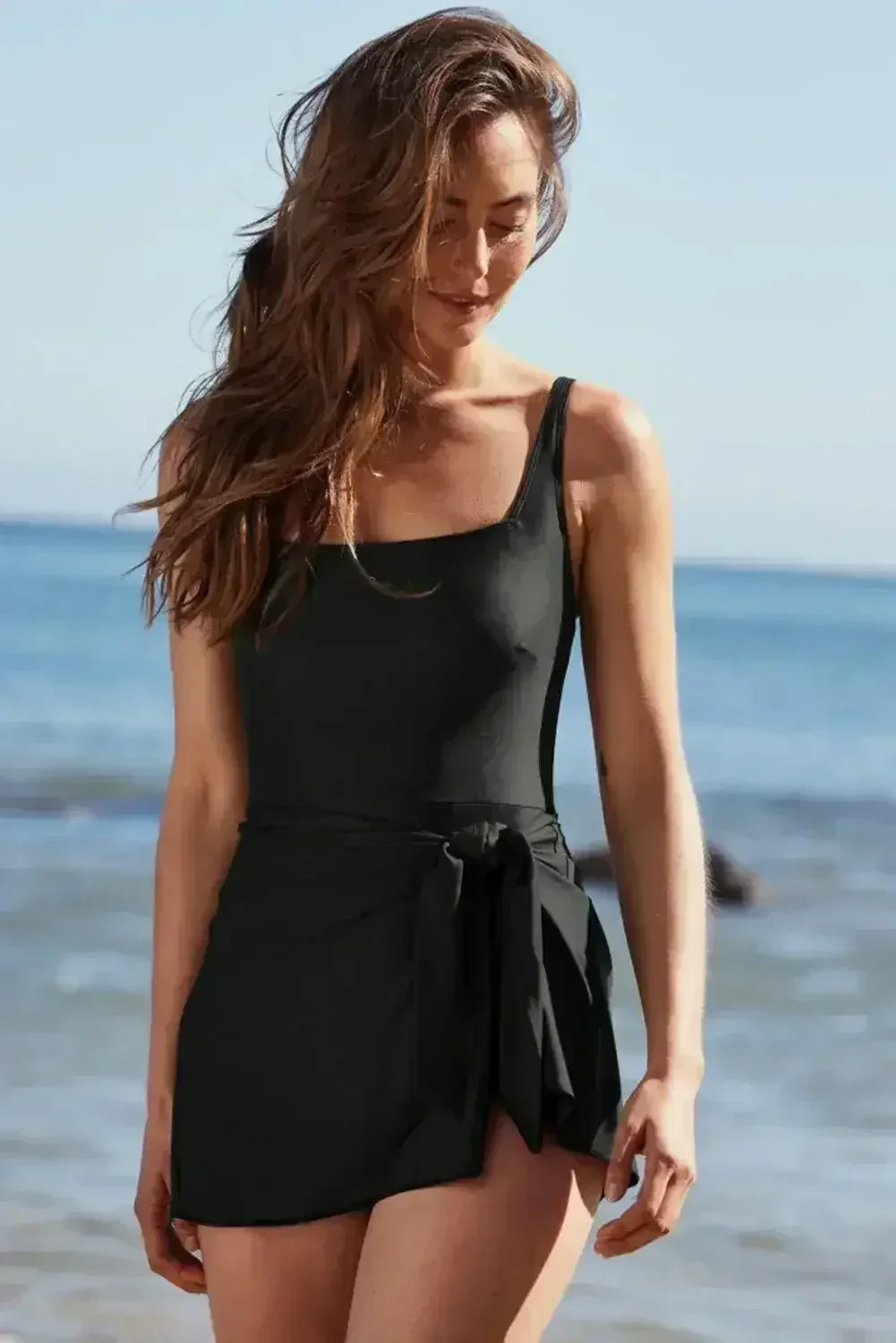 Black Side Tied Waist Square Neck Adjustable Straps A Line One Piece Swim Dress - Femstylo