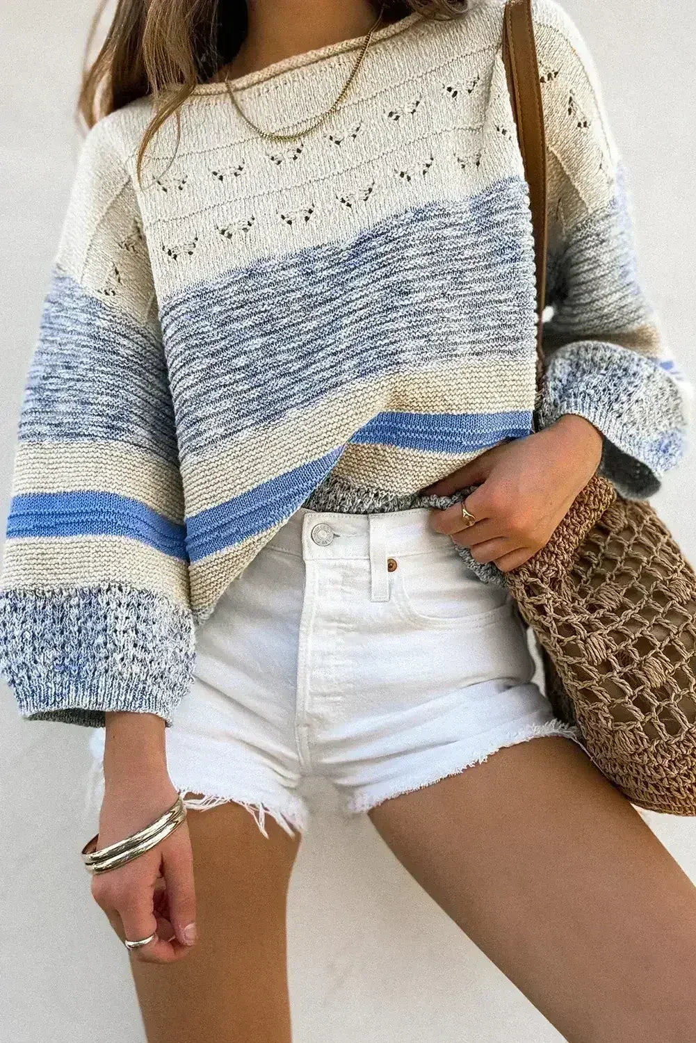 Light Blue Striped Hollow Out Puff Sleeve Sweater - Femstylo
