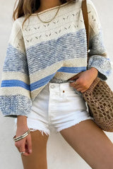 Light Blue Striped Hollow Out Puff Sleeve Sweater - Femstylo