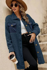 Blue Teddy Coat – Contrast Flap Pockets & Single Breasted - Femstylo