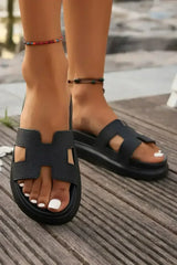 Black Cut Out Band Open Toe Platform Slides Shoes - Femstylo