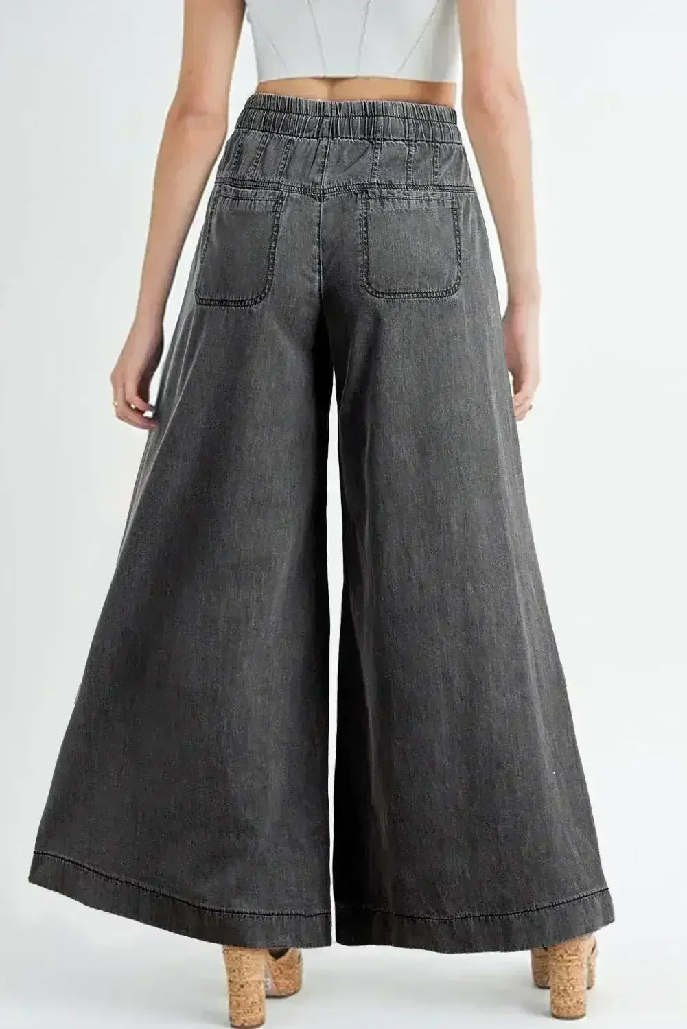 Carbon Grey Mineral Wash Button High Waist Wide Leg Jeans - Femstylo