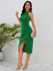 Slit Ruched Mock Neck Sleeveless Dress - Femstylo