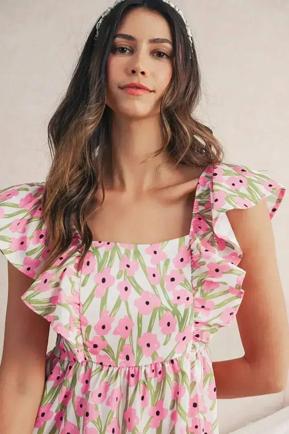 Pink Floral Print Square Neck Ruffled Strap Maxi Dress - Femstylo