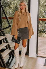 Camel Hollowed Detail Wide Sleeve Loose Pullover Sweater