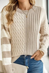 Khaki Cable Knit Colorblock Crew Neck Drop Shoulder Sweater - Femstylo
