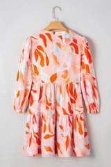 Orange Abstract Print Split Neck Long Sleeve Dress