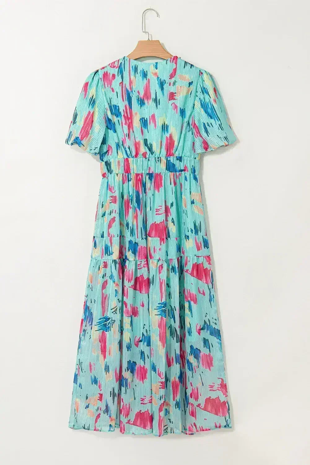 Sky Blue Abstract Print Short Puff Sleeve Tiered Maxi Dress - Femstylo