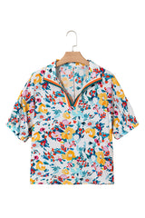 Peacock Blue Floral Print Boho Pop of Color Neckline Blouse