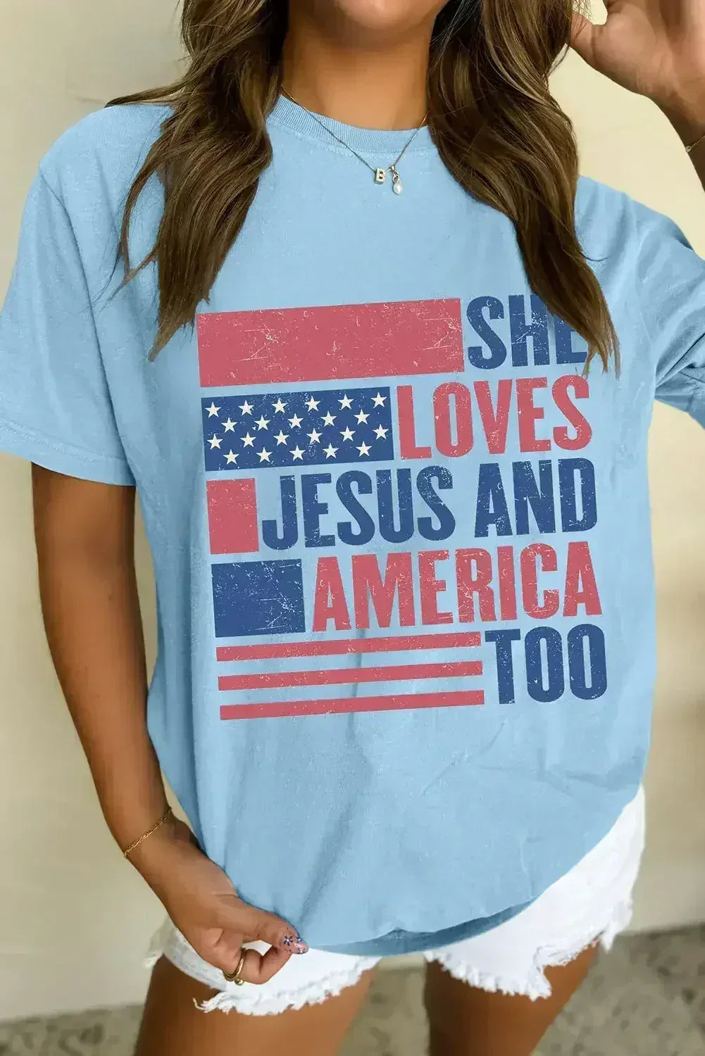 Light Blue SHE LOVES JESUS AND AMERICA TOO Patriotic T Shirt - Femstylo