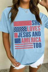 Light Blue SHE LOVES JESUS AND AMERICA TOO Patriotic T Shirt - Femstylo