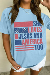 Light Blue SHE LOVES JESUS AND AMERICA TOO Patriotic T Shirt - Femstylo