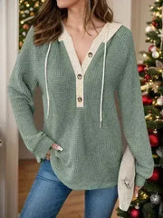 Full Size Waffle-Knit Contrast Long Sleeve Hoodie - Femstylo