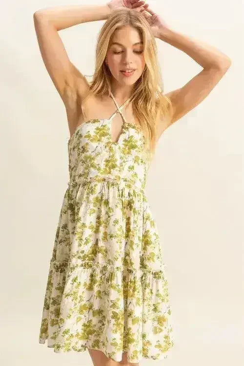HYFVE Floral Halter Dress – Tiered Mini with Adjustable Ties - Femstylo