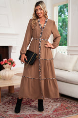 Chestnut Floral Patchwork Notched Neck Long Sleeve Maxi Dress