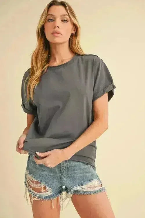 Aemi + Co Exposed Seam Round Neck Short Sleeve T-Shirt - Femstylo