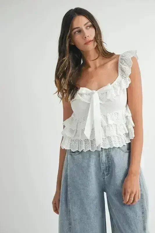 MABLE Eyelet Embroidered Front Tie Ruffle Top - Femstylo