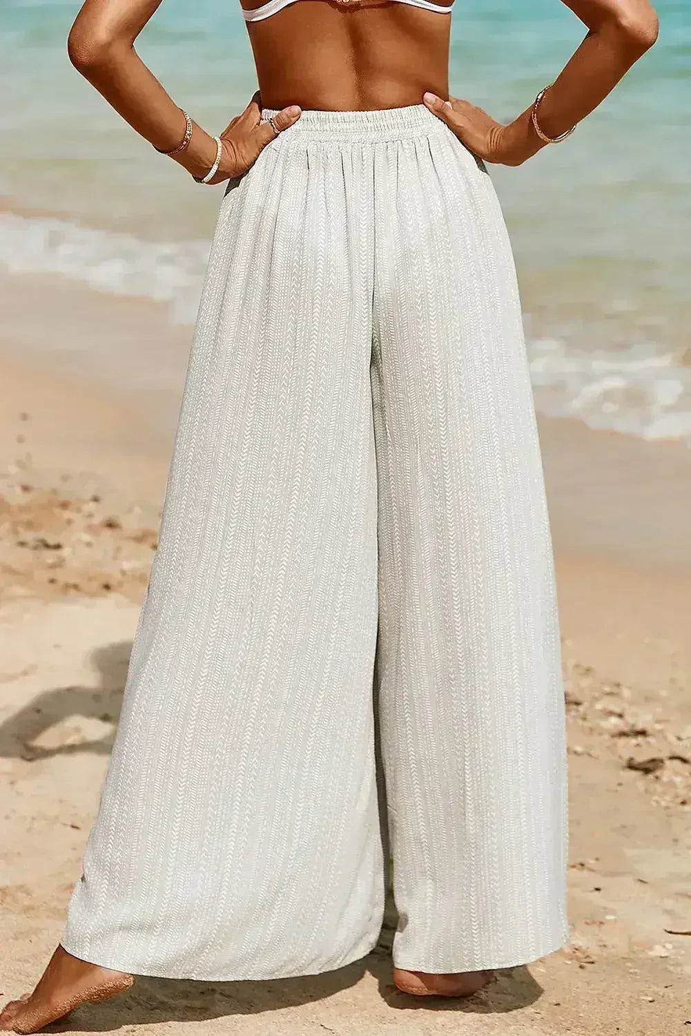 Striped Printed Slit Wide Leg High Waist Pants - Femstylo