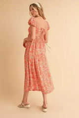 Aemi + Co Cutout Back Floral Square Neck Puff Sleeve Midi Dress - Femstylo