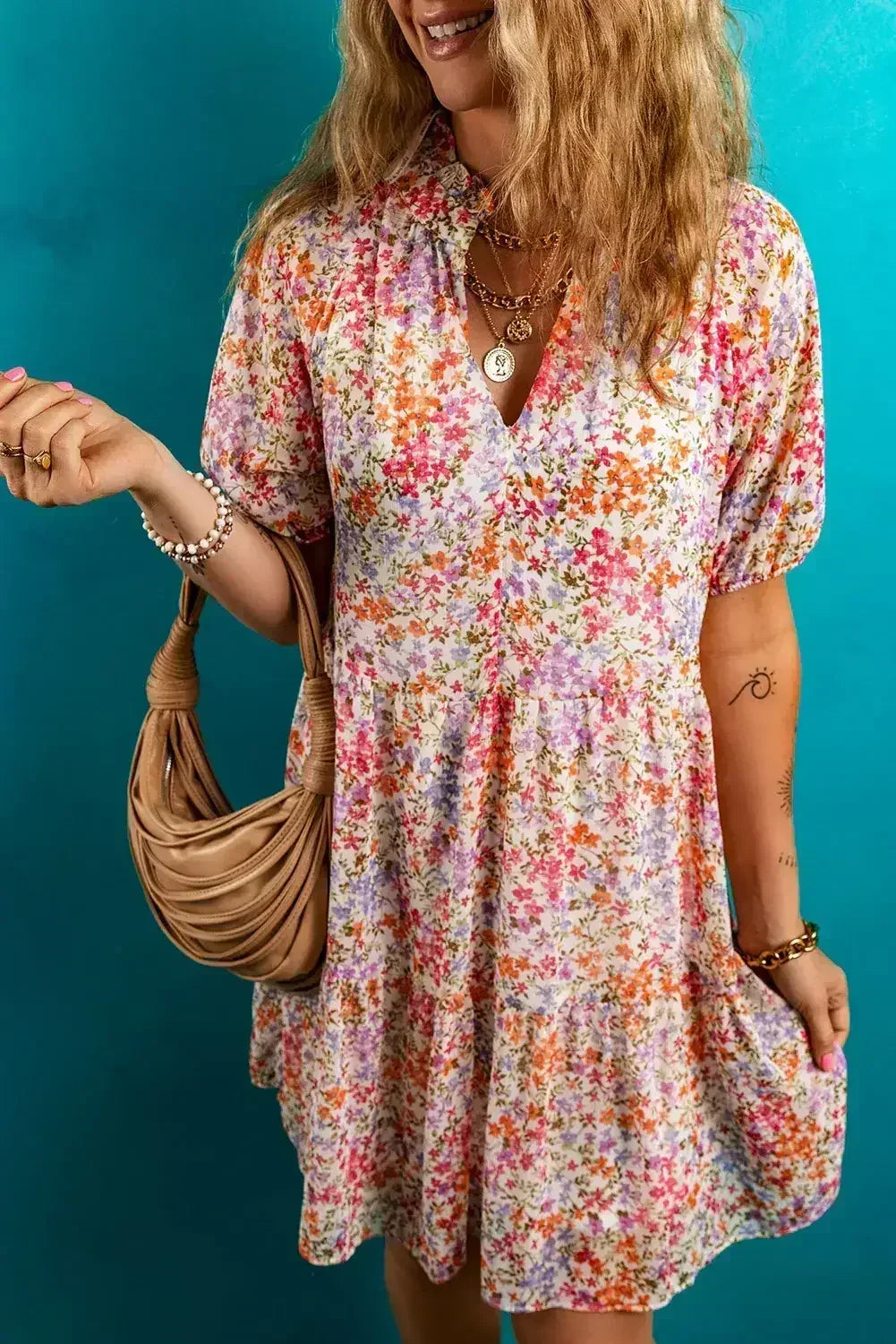 Red Floral Print Notched V Neck Puff Sleeve Tiered Mini Dress - Femstylo