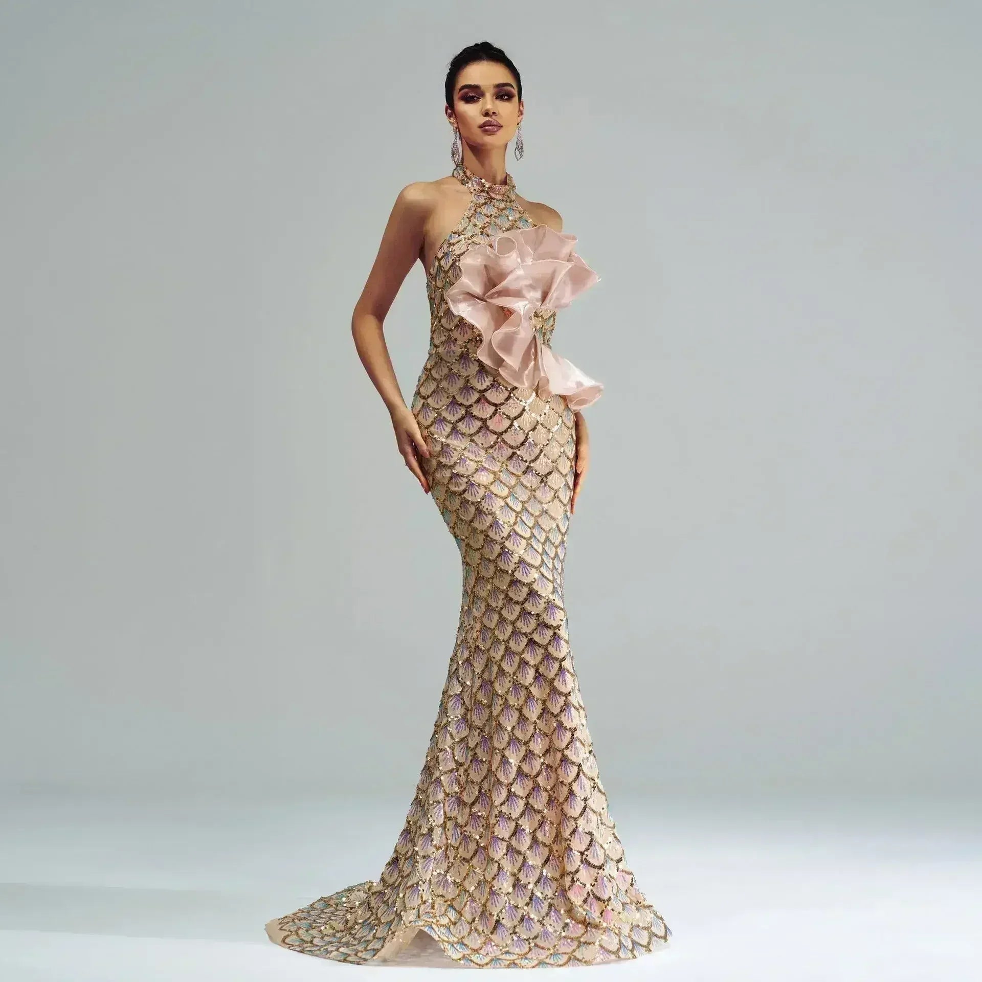 “Champagne Glam” Halter Mermaid Dress – Luxury for Elite Occasions - Femstylo
