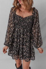 Black Floral Long Sleeve Frilly Shirred Square Neck Mini Dress