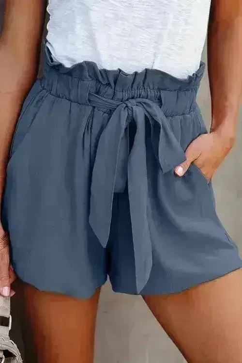Ruffled Tied Waist Solid Shorts - Femstylo