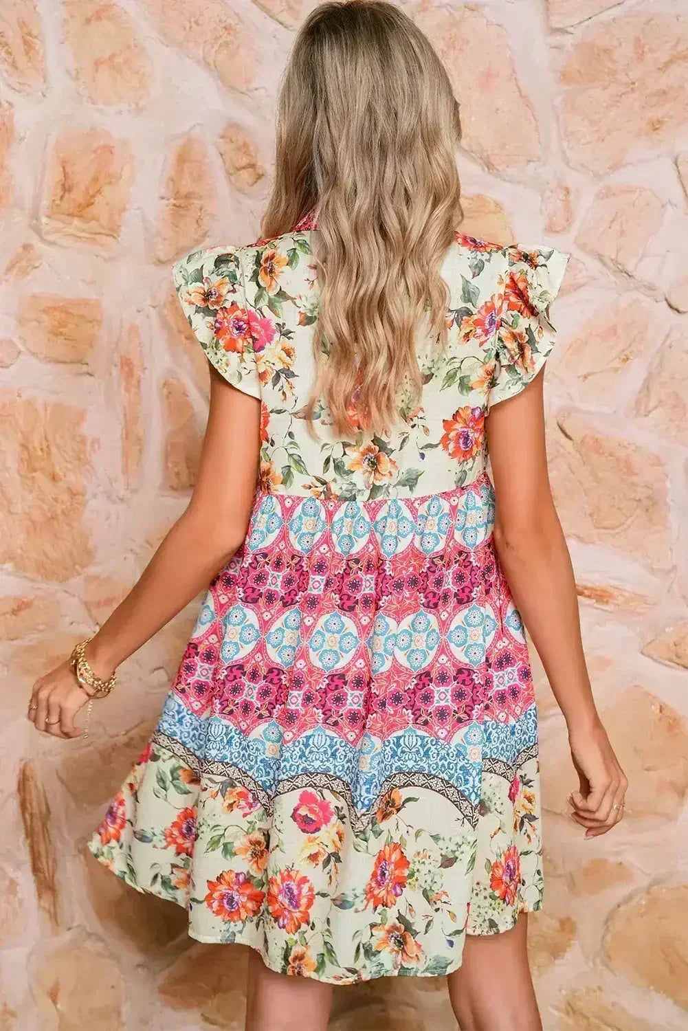 Rose Floral Ethnic Print Ruffle Mini Dress - Femstylo