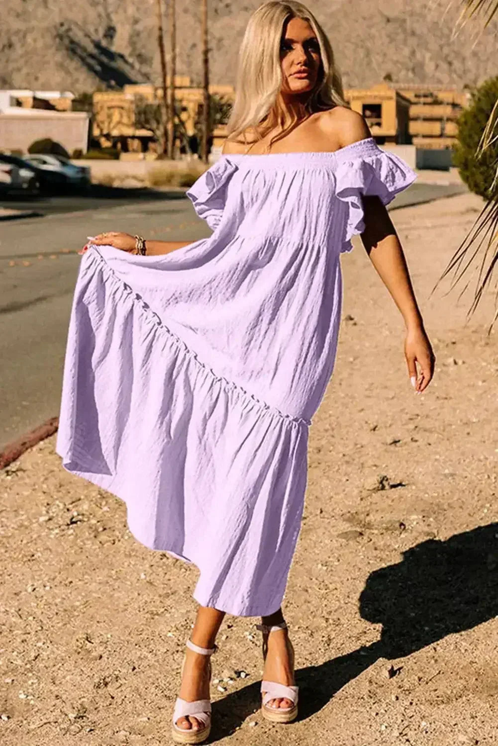 Purple Ruffled Flutter Sleeve Square Neck Textured Tiered Maxi Dress - Femstylo