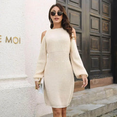 Lantern Sleeve Woolen Skirt Female Waist Trimming Loose Knitted Dress - Femstylo