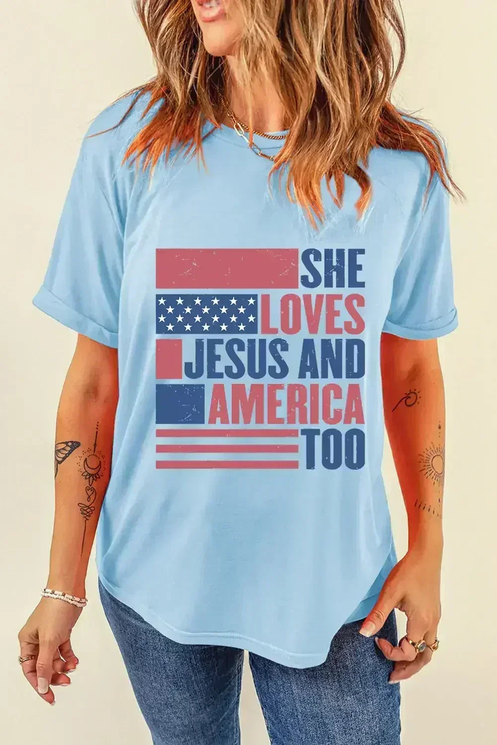 Light Blue SHE LOVES JESUS AND AMERICA TOO Patriotic T Shirt - Femstylo