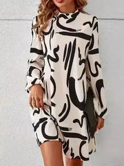Printed Mock Neck Long Sleeve Mini Dress - Femstylo