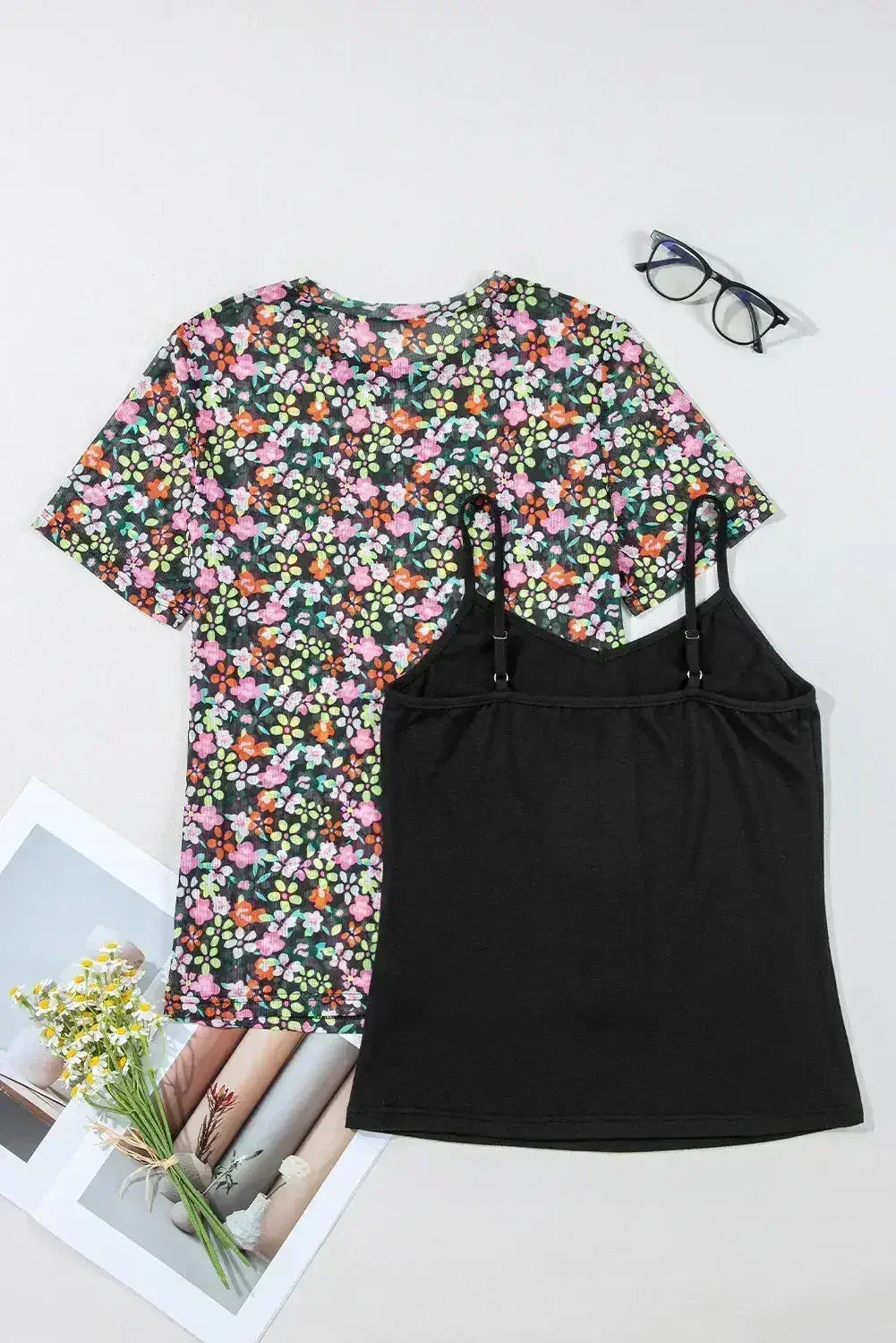 Black Sheer Mesh Floral Round Neck T Shirt with Camisole - Femstylo