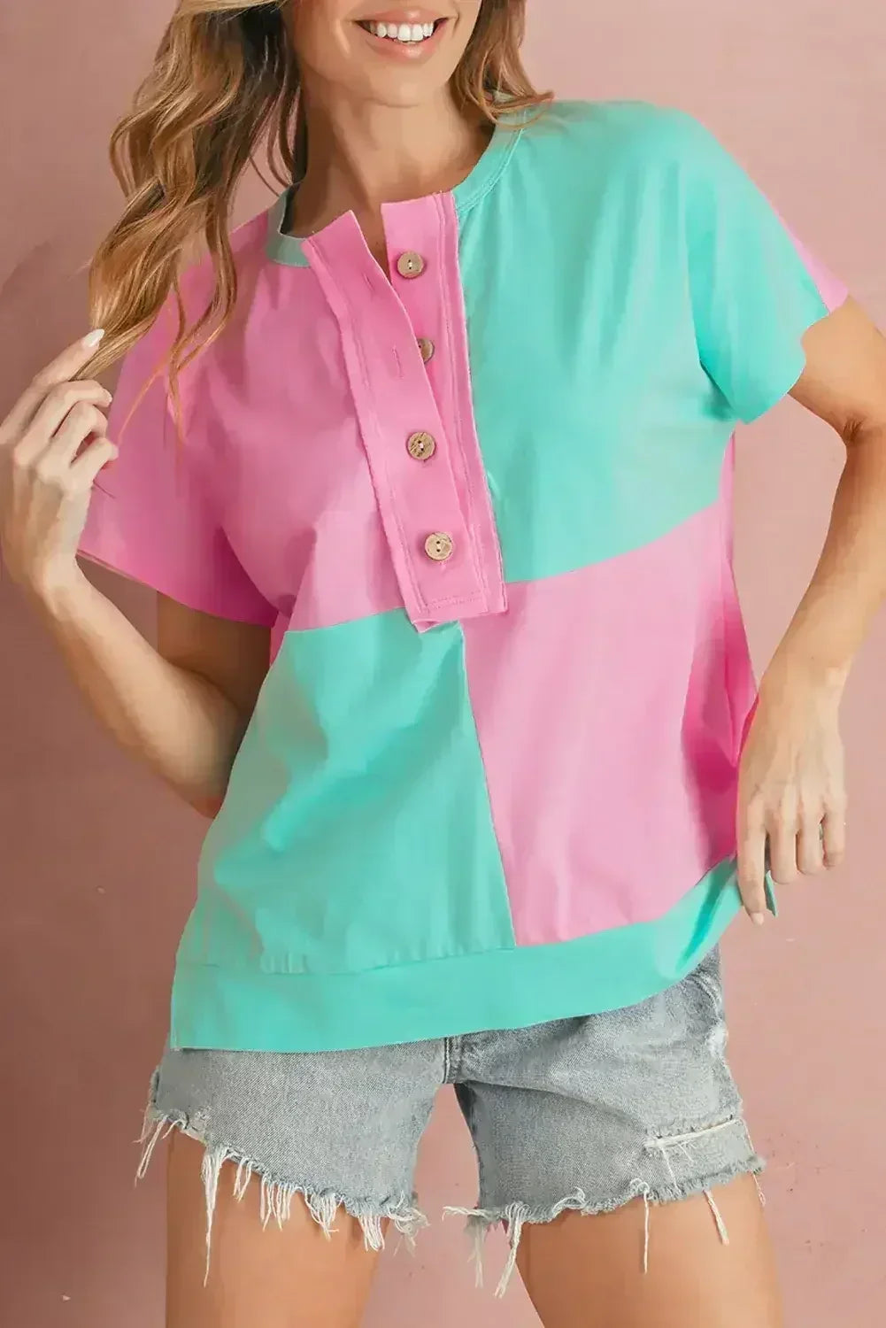 Mint Green Colorblock Half Buttons Henley T Shirt - Femstylo