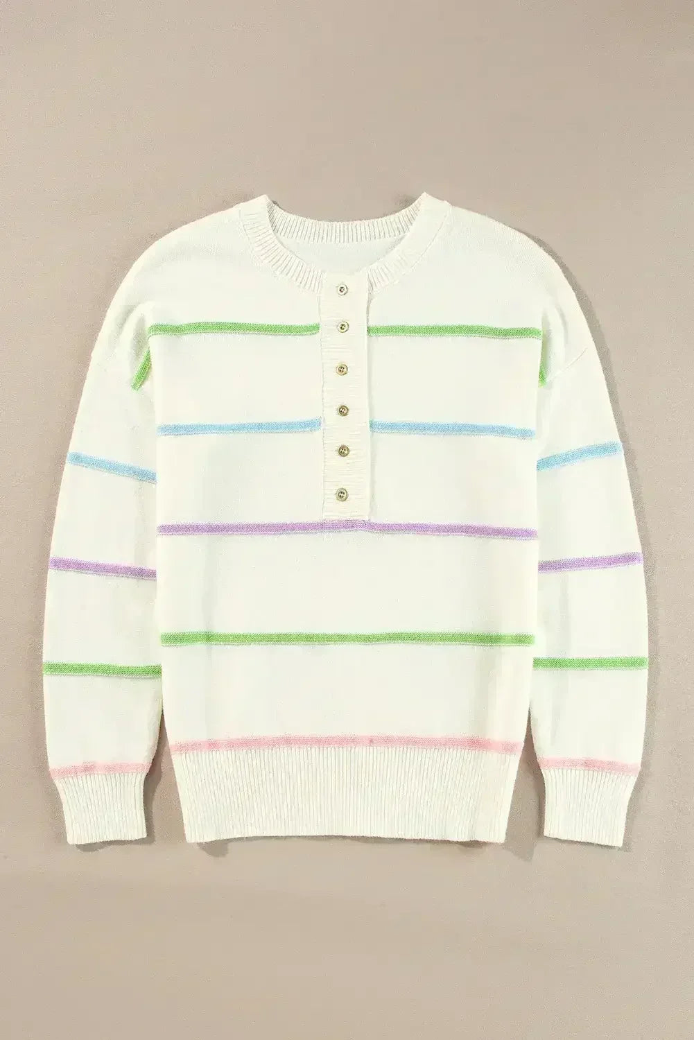 White Rainbow Striped Drop Sleeve Henley Sweater - Femstylo