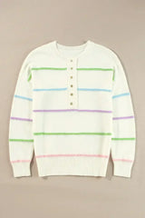 White Rainbow Striped Drop Sleeve Henley Sweater - Femstylo