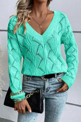 Mint Green Hollow Out Knit V Neck Drop Shoulder Sweater - Femstylo