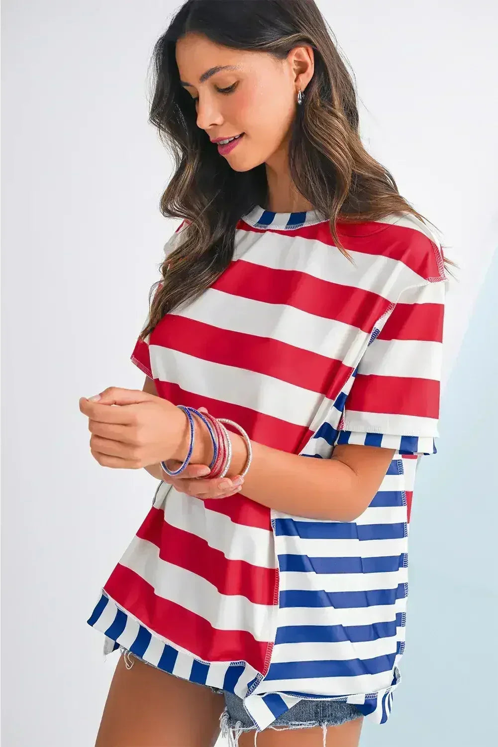 Red Stripe Loose Casual Color Block T Shirt - Femstylo