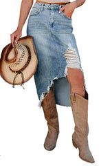 Myosotis Irregular Distressed Hem Denim Midi Skirt - Femstylo