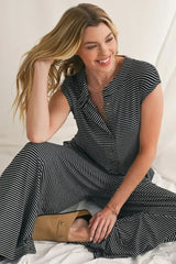 Black White Striped Button Sleeveless Jumpsuit - Femstylo