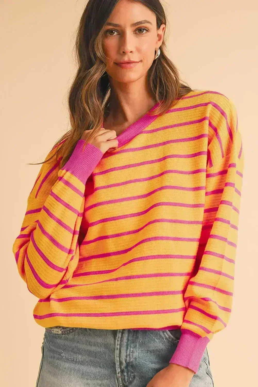 Pink Stripe Round Neck Drop Shoulder Loose Sweater - Femstylo
