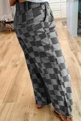 Dusk Blue Checkered Light Washed Wide Leg Jeans - Femstylo