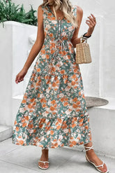 Green Floral Print Trimmed V Neck Sleeveless Vacation Dress - Femstylo