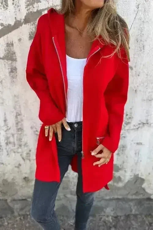 Fiery Red Solid Color Casual Zip up Hooded Coat - Femstylo