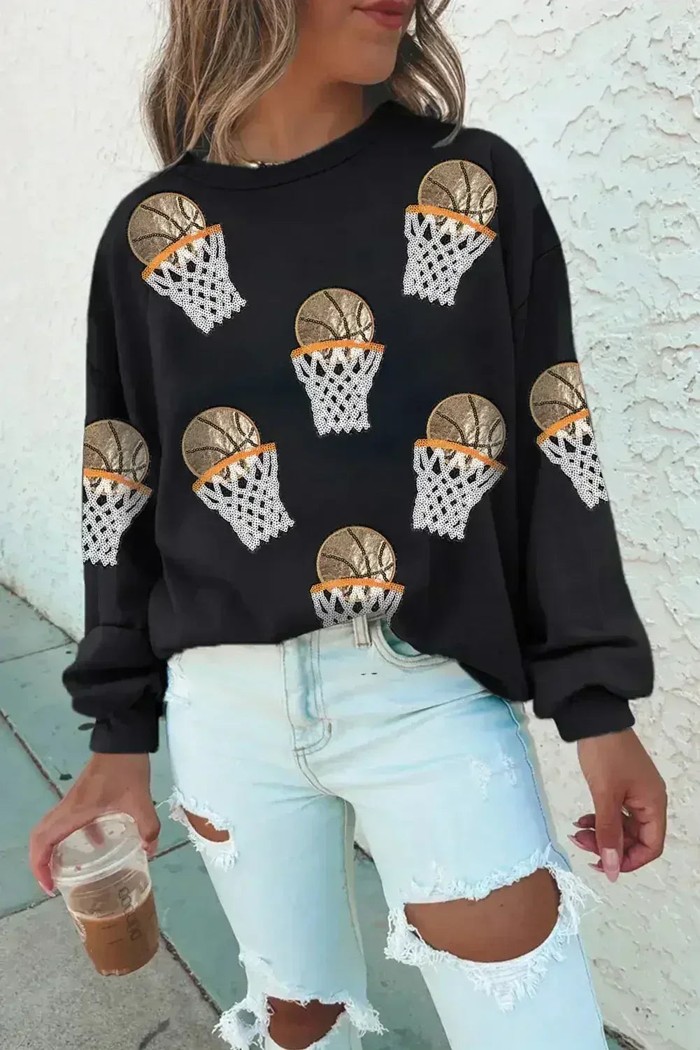 Black Basketball Patched Game Day Crew Neck Graphic Sweatshirt - Femstylo