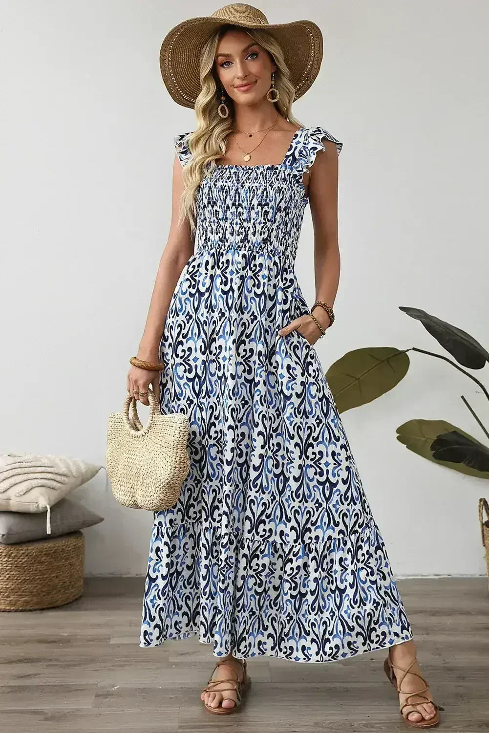 Sky Blue Boho Print Smocked High Waist Maxi Dress - Femstylo