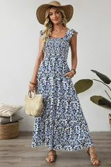 Sky Blue Boho Print Smocked High Waist Maxi Dress - Femstylo