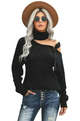 Winter Black Strapped Cut out Shoulder Turtleneck Sweater - Femstylo