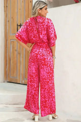 Rose Leopard Print Tulip Sleeve Belted Wide Leg Jumpsuit - Femstylo