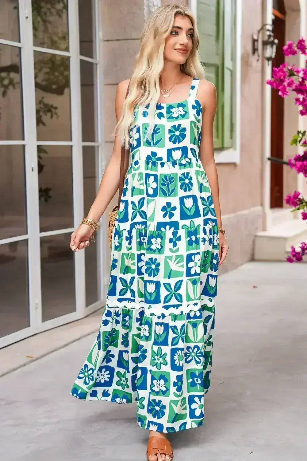 Multicolour Boho Floral Checkered Maxi Dress - Femstylo